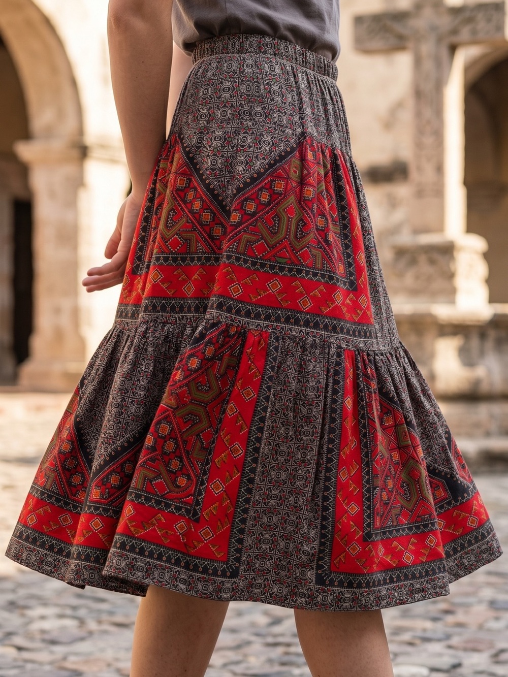 Vintage Aztec Print Southwestern Elastic Waist Circle Western Skirt Sz M
